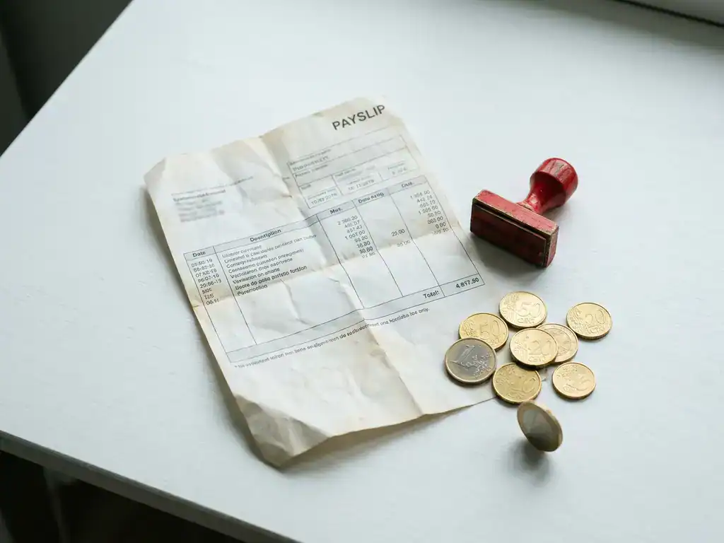 Verfrommeld loonstrookje op wit bureau naast rode stempel en verspreide euromunten, één munt scheef als teken van financiële onbalans.