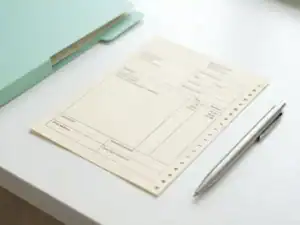 Papieren loonstrook op wit bureau met zilveren pen en mintgroene map op de achtergrond.