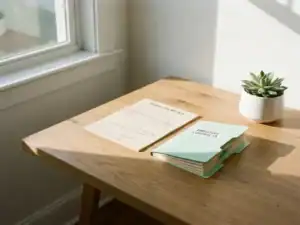 Nette bureautafel met loonstrook, accordeonmap met arbeidscontracten en kamerplant in zacht ochtendlicht.