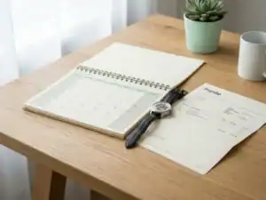 Opengeslagen bureaukalender met loonstrook en mechanisch horloge op modern kantoorbureau in mint- en wittinten.