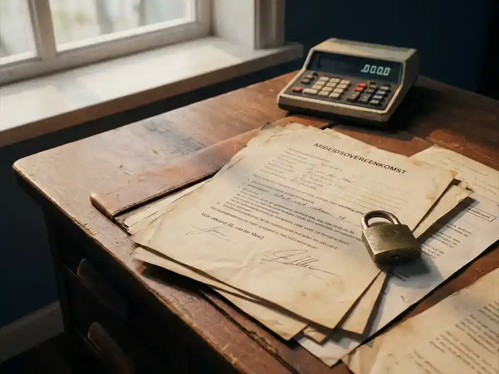 Gedeeltelijk ondertekend Nederlands arbeidscontract op een verouderd bureau met een hangslot en rekenmachine.