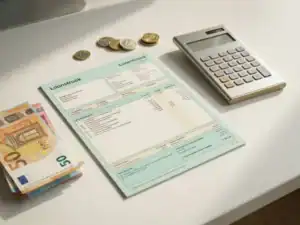 Nederlands loonstrookje op wit bureau naast gestapelde eurobiljetten en moderne rekenmachine, bovenaanzicht met zacht ochtendlicht.