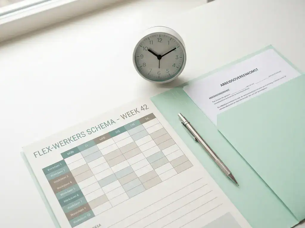 Payrolladministratie bureau met flexwerker rooster, Nederlands arbeidscontract en analoge klok op wit oppervlak.