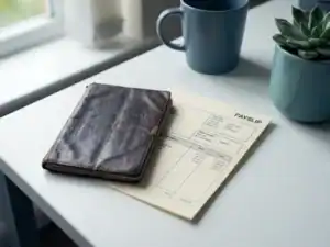 Versleten leren pensioenboekie naast een moderne loonstrook op een wit bureau, met een kleine vetplant en zacht natuurlijk licht.