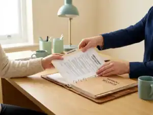 Personeelsdossier en arbeidscontract worden in een salarisadministratiemap geschoven op een opgeruimd kantoorbureau.