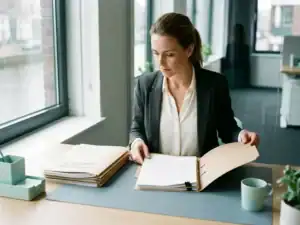 HR-manager bekijkt georganiseerd personeelsdossier op modern kantoor, met arbeidscontracten en zacht natuurlijk licht.