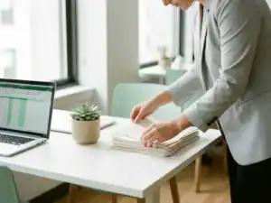 Recruiter aan modern Nederlands bureau bekijkt arbeidscontracten en loonstroken, laptop met spreadsheets en klein vetplantje erbij.