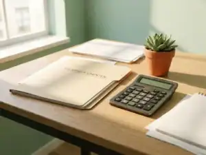 Eiken bureau met salarismap, rekenmachine en vetplantje in zacht middaglicht, professionele kantooratmosfeer.