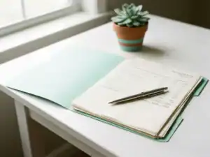 Open loonmapje met salarisoverzichten en zilveren pen op wit bureau, klein vetplantje op de achtergrond.