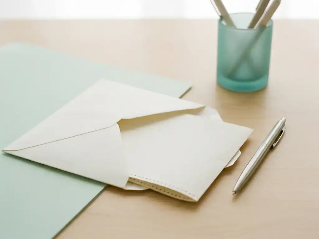 Witte envelop met uitgeschoven loonstrook en zilveren pen op minimalistisch Nederlands bureau in neutrale tinten.