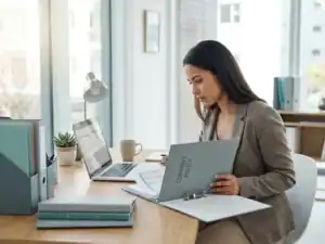 Payrollmedewerker in modern Nederlands kantoor die een gestructureerd document bestudeert naast een bedrijfsbeleidsmap.