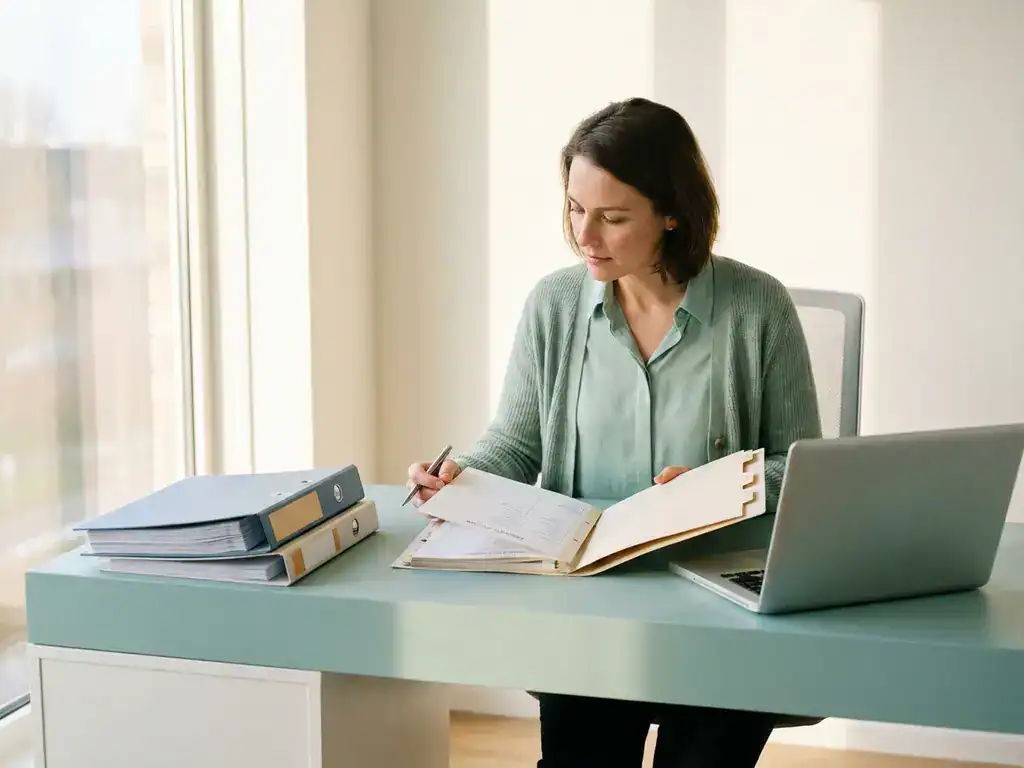 Salarisadministrateur bekijkt personeelsdossier aan modern bureau met laptop en ordners, zijdelings natuurlijk licht.