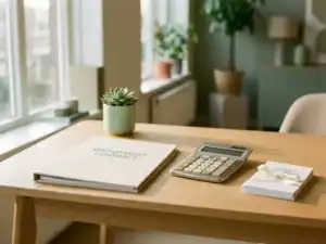 Eiken bureau met arbeidscontract, salarisadministratie, rekenmachine en vetplant in zacht natuurlijk licht.
