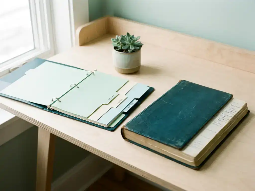 Salarisadministratie-ordner met kleurgecodeerde loonstroken naast een leren boekhoudgrootboek op een berkhouten bureau met een vetplant.