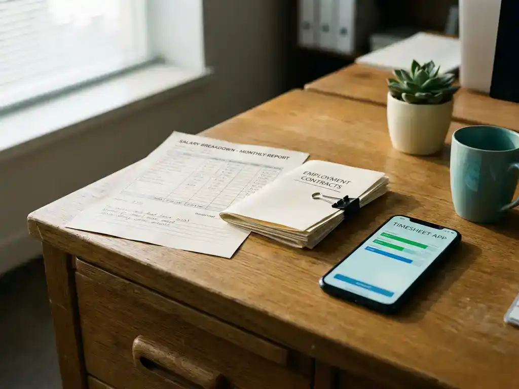 Payrolladministrateur bureau met salarisoverzicht, arbeidscontracten en smartphone met urenregistratie-app in zacht ochtendlicht.