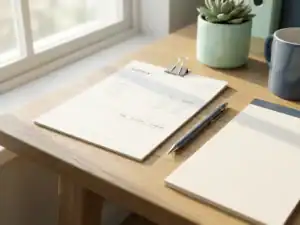 Salarisdocument met binderclip en mechanisch potlood op een eikenhouten bureau, verlicht door zacht natuurlijk zijlicht.