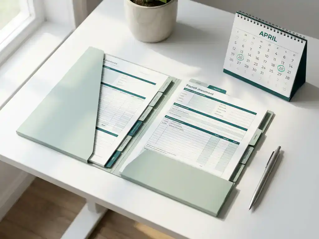 Open Nederlandse loonstrookmap op wit bureau met kalender waarop een deadline in teal is omcirkeld en een pen ernaast.