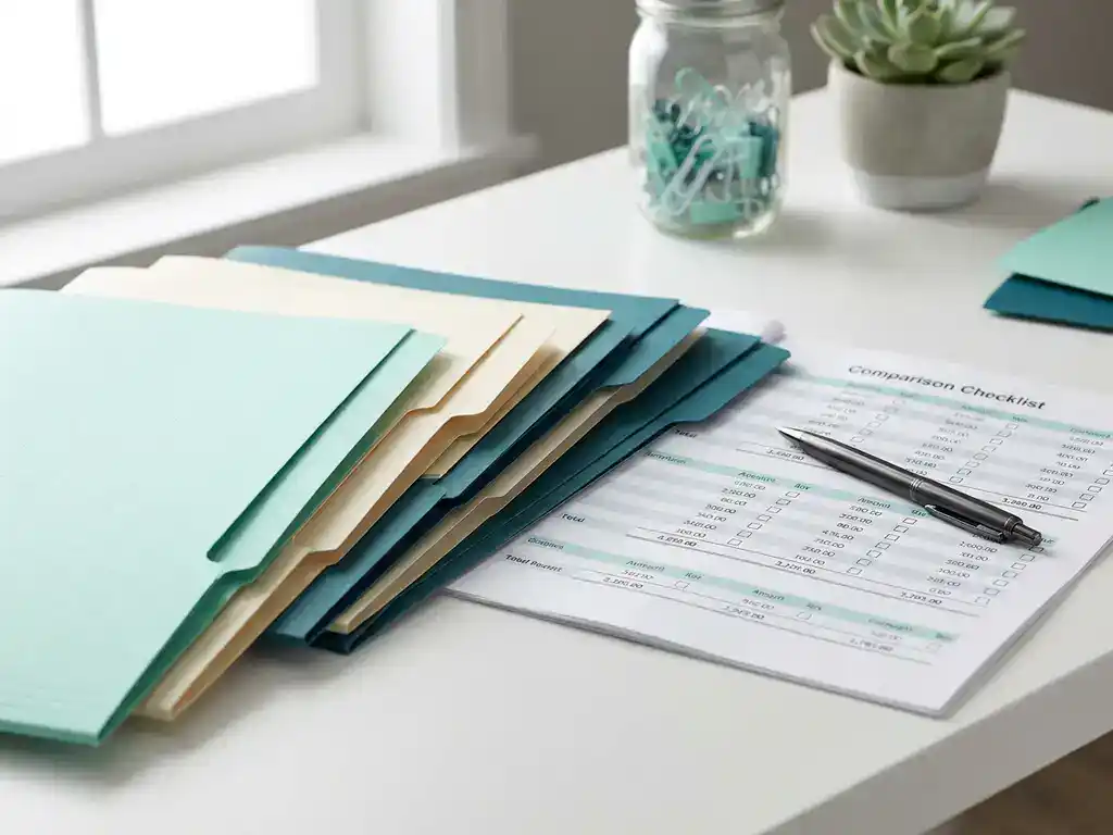 Professionele salarismappen en financiële documenten op een wit bureau, met een pen diagonaal op een open vergelijkingslijst.