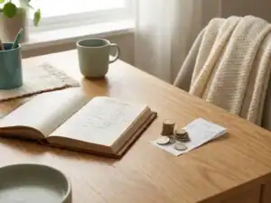 Opengeslagen loonboek op houten bureau naast euromunten en kassabon, zachte ochtendlicht, kantooromgeving klein bedrijf.
