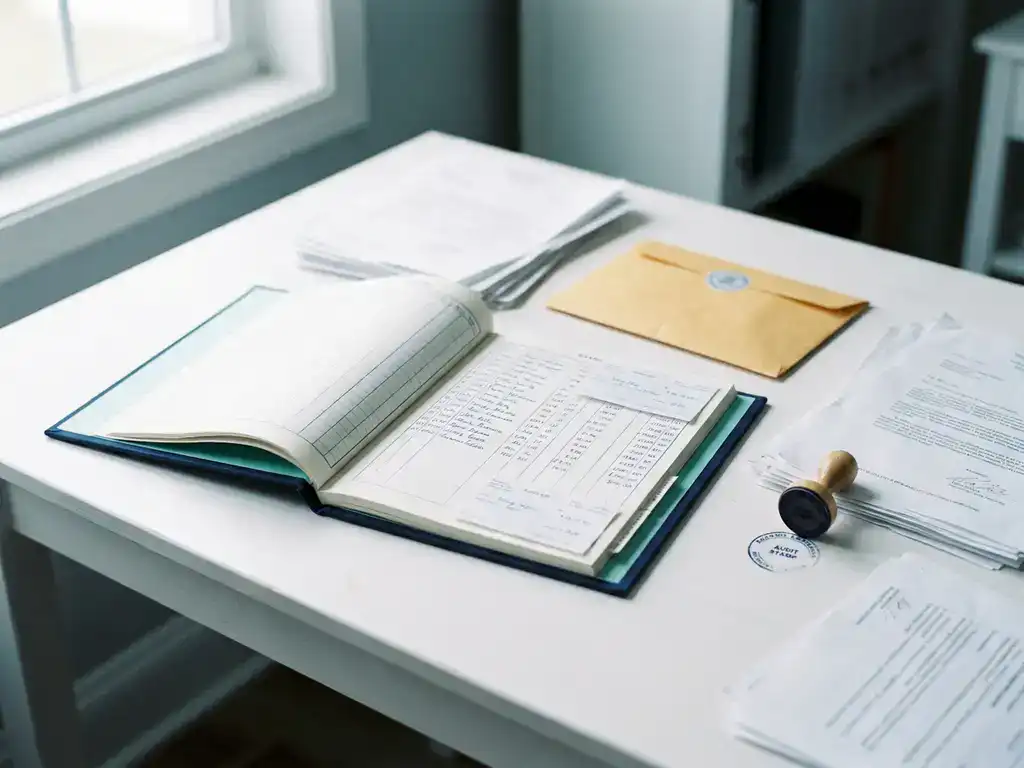 Open loonboek op wit bureau met salarisadministratie, officiële overheidsenvelope en auditstempel, mintgroene en marineblauw accenten.