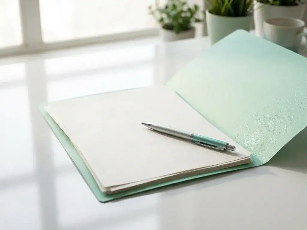 Open loonmapje met salarisoverzichten en pen op wit bureau, zacht ochtendlicht, mintgroene en witte tinten.