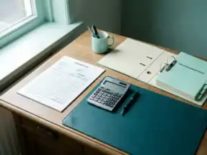Nette bureauomgeving met overuren-urenstaat, rekenmachine en vulpen naast een salarisadministratie-ordner in zacht ochtendlicht.