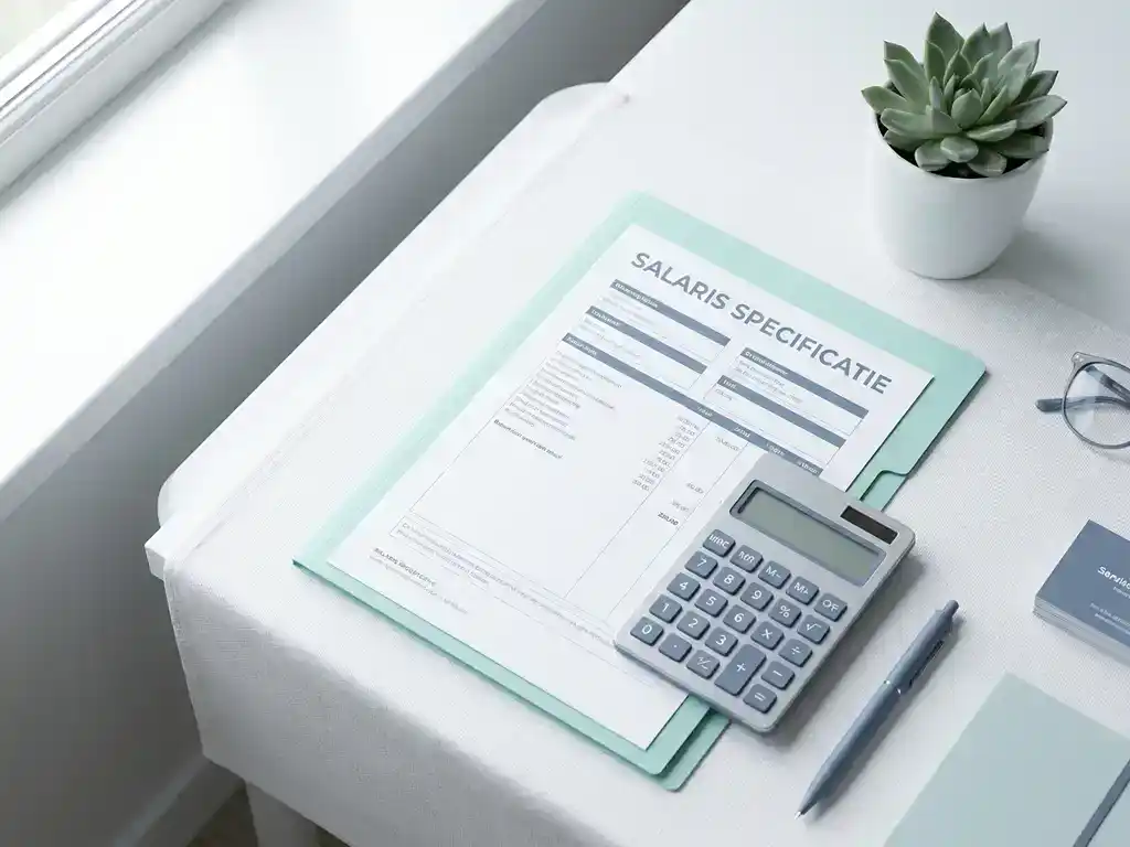 Salarisspecificatie en rekenmachine op een opgeruimd bureau van een Nederlandse salarisadministrateur, met een kleine succulent in zacht ochtendlicht.