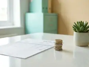 Stapel euromunten naast een loonstrook op een wit bureau, met een klein vetplantje in een modern Nederlands HR-kantoor.