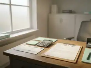 Eiken bureau met salarisstrook, rekenmachine en arbeidsovereenkomst op klembord in zacht ochtendlicht.