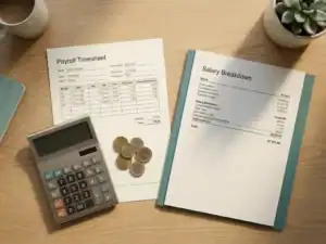 Eiken bureau met loonstrook, rekenmachine en euromunten in zacht ochtendlicht, bovenaanzicht, professionele kantooromgeving.
