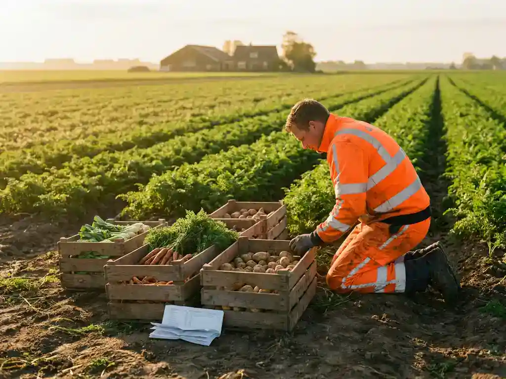Seizoenarbeider in oranje werkkleding knielt naast houten kratten vol verse groenten op een Nederlands akkerland bij gouden-uurlicht.