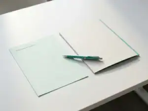Arbeidscontract en uitzendbureau-map naast elkaar op wit bureau met pen, natuurlijk licht, bovenaanzicht.