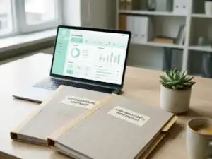 Twee geordende contractmappen voor uitzendbureau en salarisadministratie op een bureau met laptop met HR-dashboard op de achtergrond.