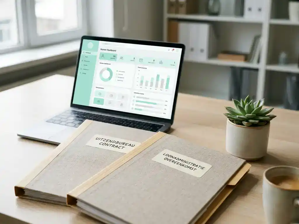 Twee geordende contractmappen voor uitzendbureau en salarisadministratie op een bureau met laptop met HR-dashboard op de achtergrond.