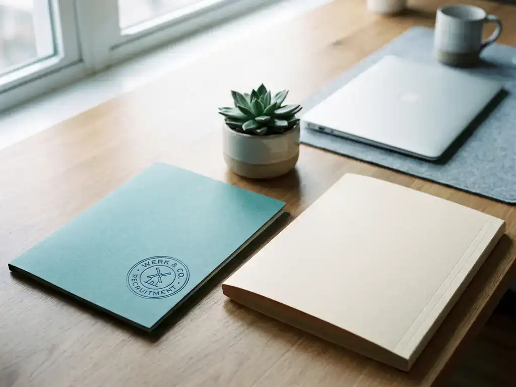 Twee Nederlandse arbeidscontractmappen naast elkaar op een opgeruimd bureau, met een potplant en laptop op de achtergrond.