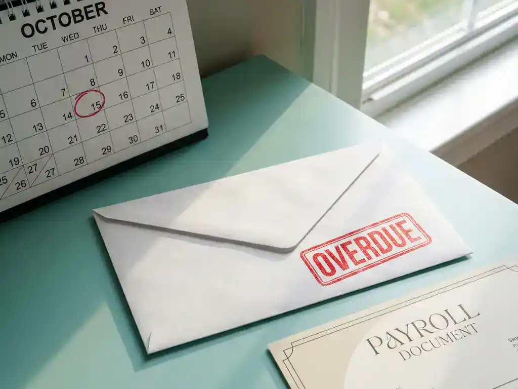 Verzegelde witte envelop met rood "overdue"-stempel naast een kalender met omcirkelde deadline en gedeeltelijk zichtbaar loonstrookdocument.