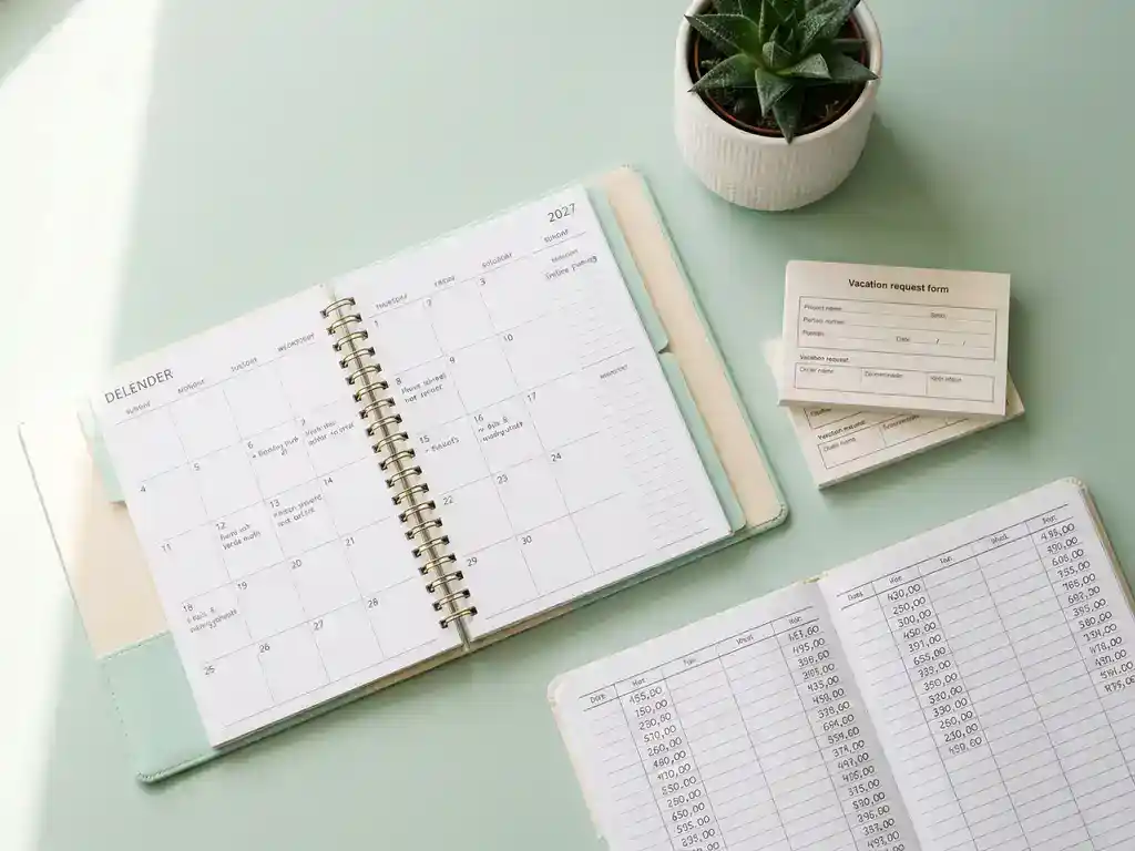 Bureaukalender met maandoverzicht, verlofaanvraagformulieren en salarisadministratie naast een vetplant op een modern kantoorbureau.