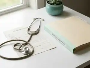 Medisch verzuimformulier en stethoscoop naast een salarisadministratiemap op een wit bureau in een professionele kantooromgeving.