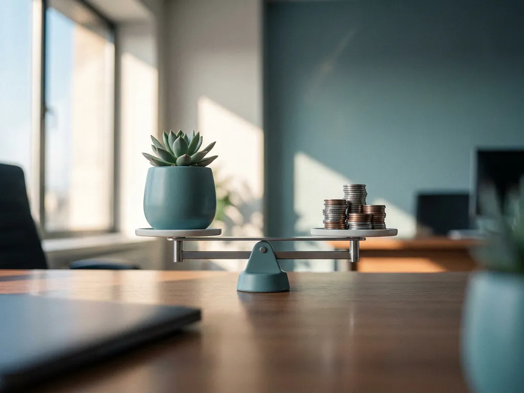 Balansschaal op modern bureau met een vetplant tegenover een muntenstapel, symboliseert werk-beloningsbalans in zachte teal tinten.