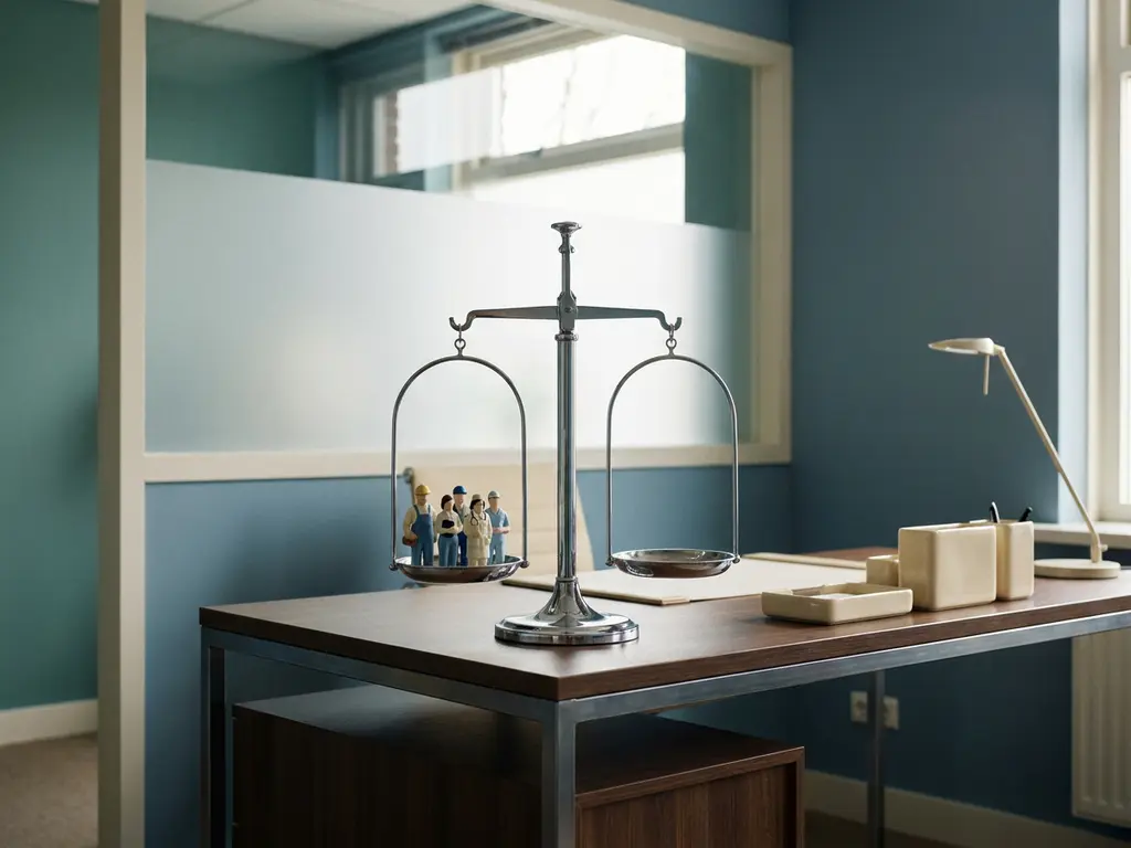 Chromen weegschaal op modern bureau met miniatuurfiguren van werknemers in één pan, kantooromgeving met natuurlijk daglicht.