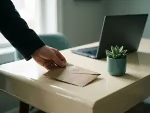 Belastingdienst-envelop die op een modern bureau wordt neergelegd, met een laptop en vetplant op de achtergrond.
