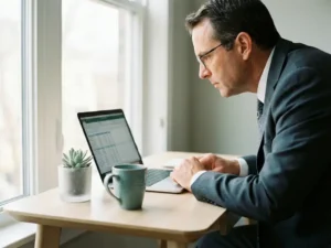 Belastinginspecteur in formeel pak leunt over modern bureau met laptop, keramische mok en kamerplant in zacht natuurlijk licht.