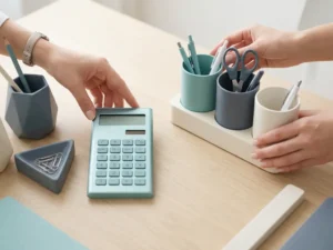 Handen die moderne kantooraccessoires ordenen op een minimalistisch bureau, met rekenmachine, organizer en cilindrische houders in zachte tealkleuren.