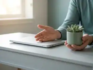 Handen van een professional op modern bureau met laptop, één hand ontspannen open, andere hand met kleine vetplant, zacht saliegroen licht.