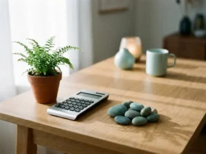 Houten bureau met groen potplantje, moderne rekenmachine en gladde rivierkeien in zachte teal tinten, verlicht door ochtendlicht.