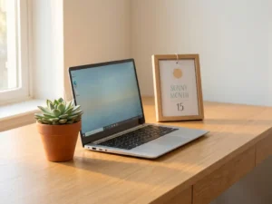 Houten bureau met laptop, minimalistische kalender en vetplant in zachte teal tinten, verlicht door warm goudkleurig licht.