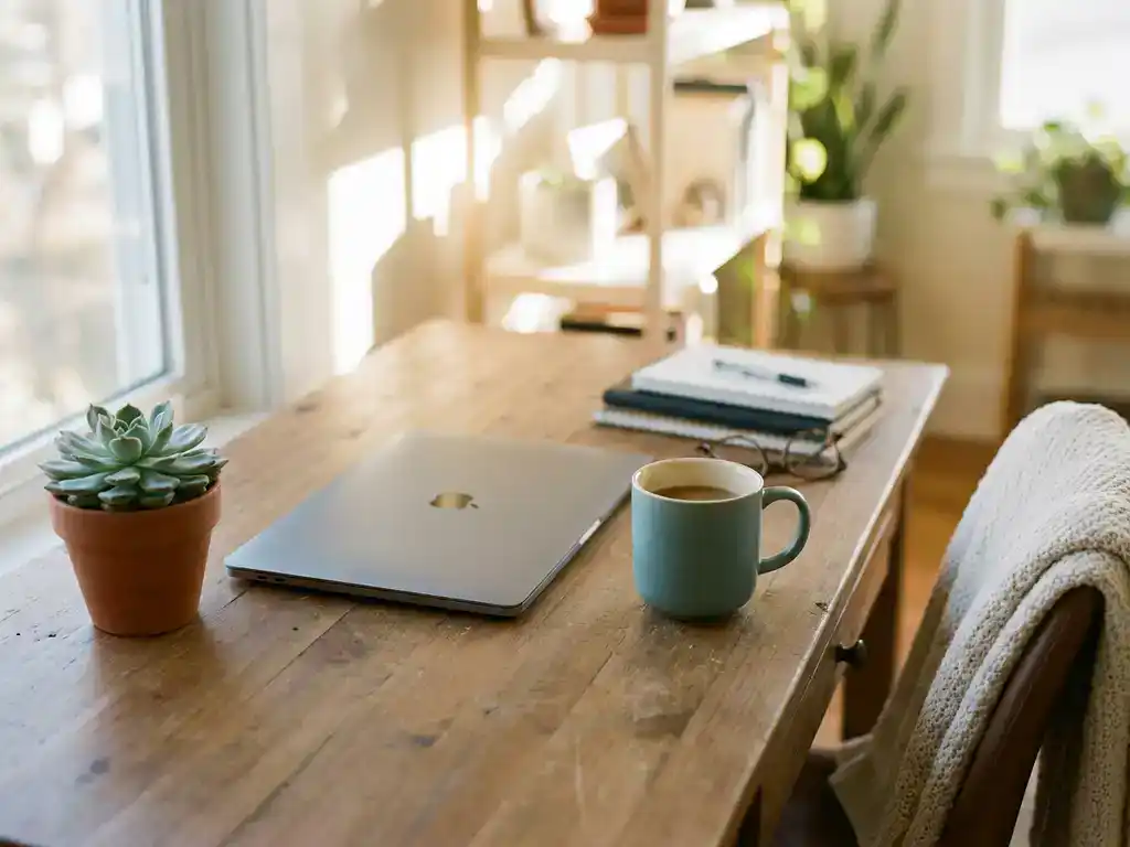 Minimalistische houten bureau met laptop, teal keramische koffiemok en kleine vetplant in zacht ochtendlicht.