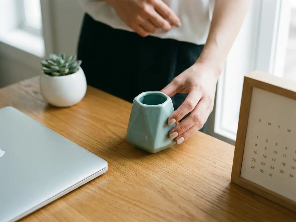 Verzorgde handen die een modern houten bureau ordenen met laptop, succulent en mist-blauwe pennenhouder in warm natuurlijk licht.