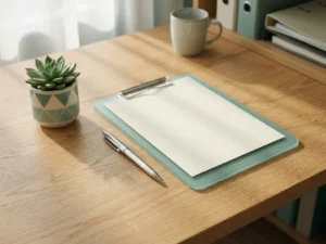 Houten bureau met succulent, zilveren pen en blauwgroen klembord in zacht ochtendlicht, professionele kantooromgeving.
