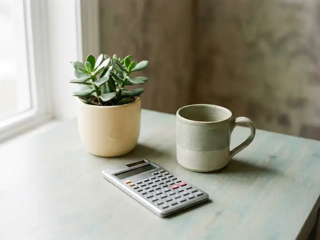 Moderne bureau-opstelling met succulent, zilveren rekenmachine en keramieken koffiemok in zacht teaklicht.
